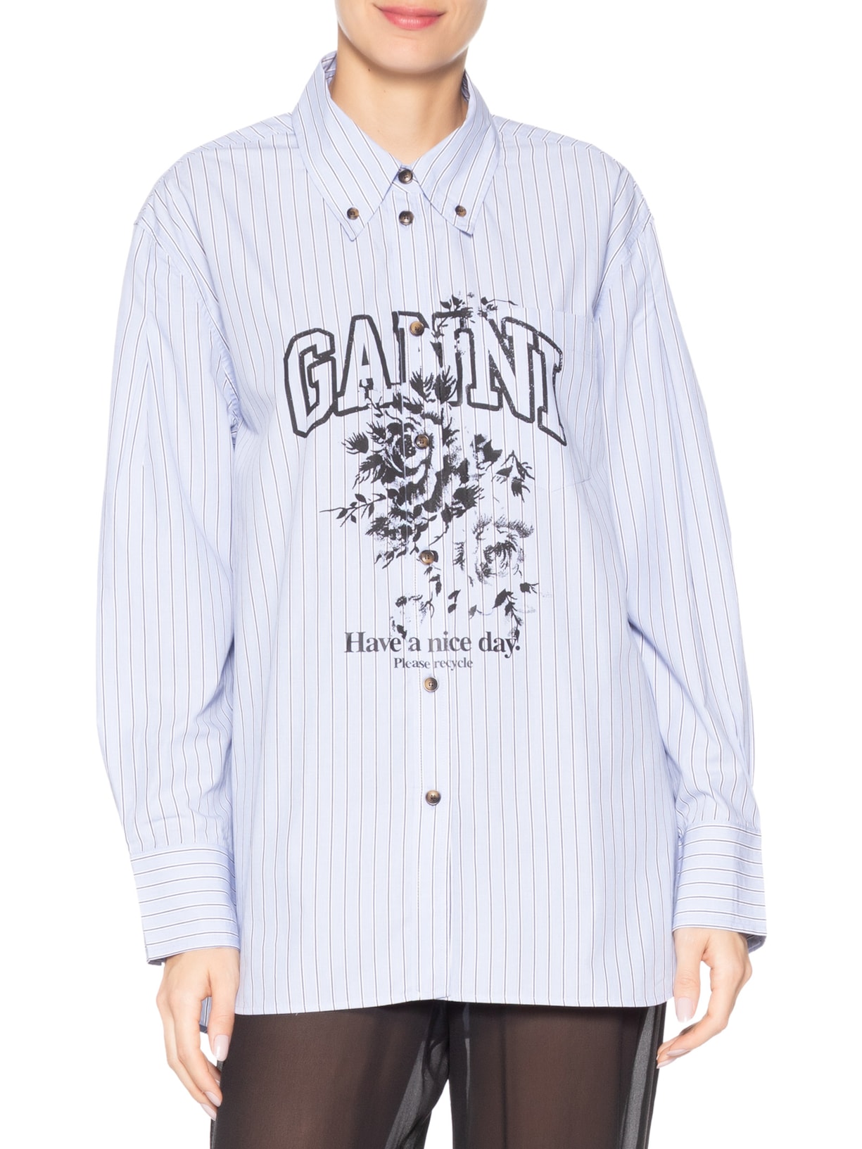 Camisa Feminina Oversized Stripe Cotton Azul Ganni