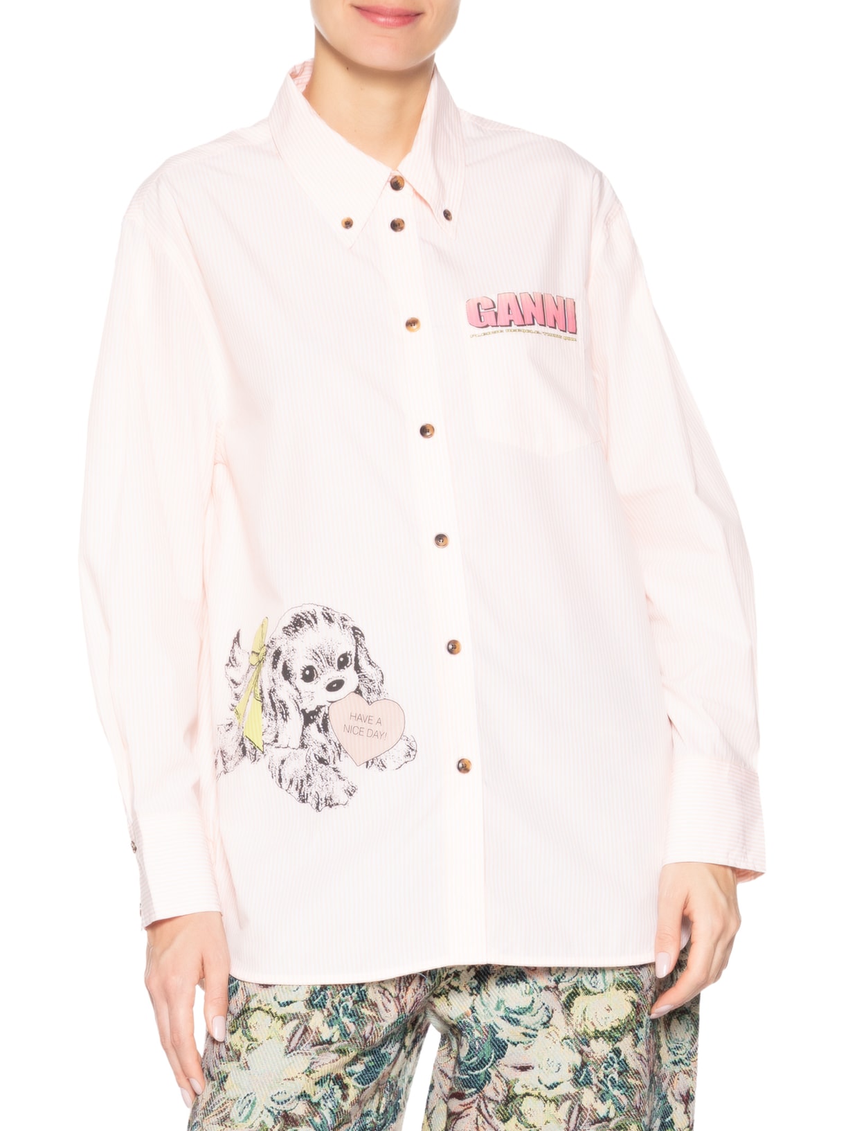 Camisa Feminina Oversized Stripe Cotton Rosa Ganni