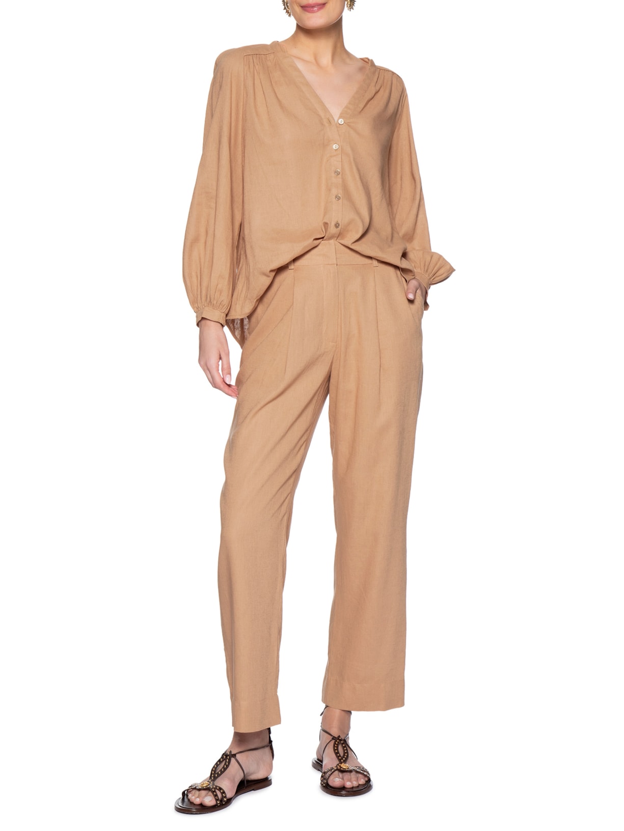 Camisa Feminina Pala Franzida Bege Maria Filó