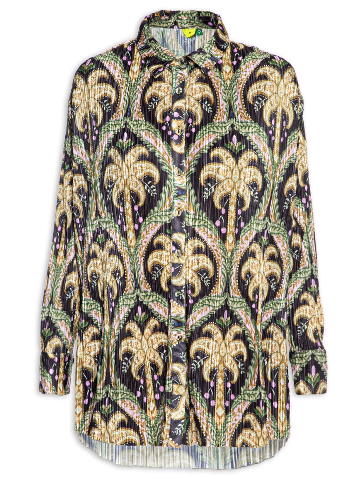 Camisa Feminina Plissada Camafeu Tropical - Preto