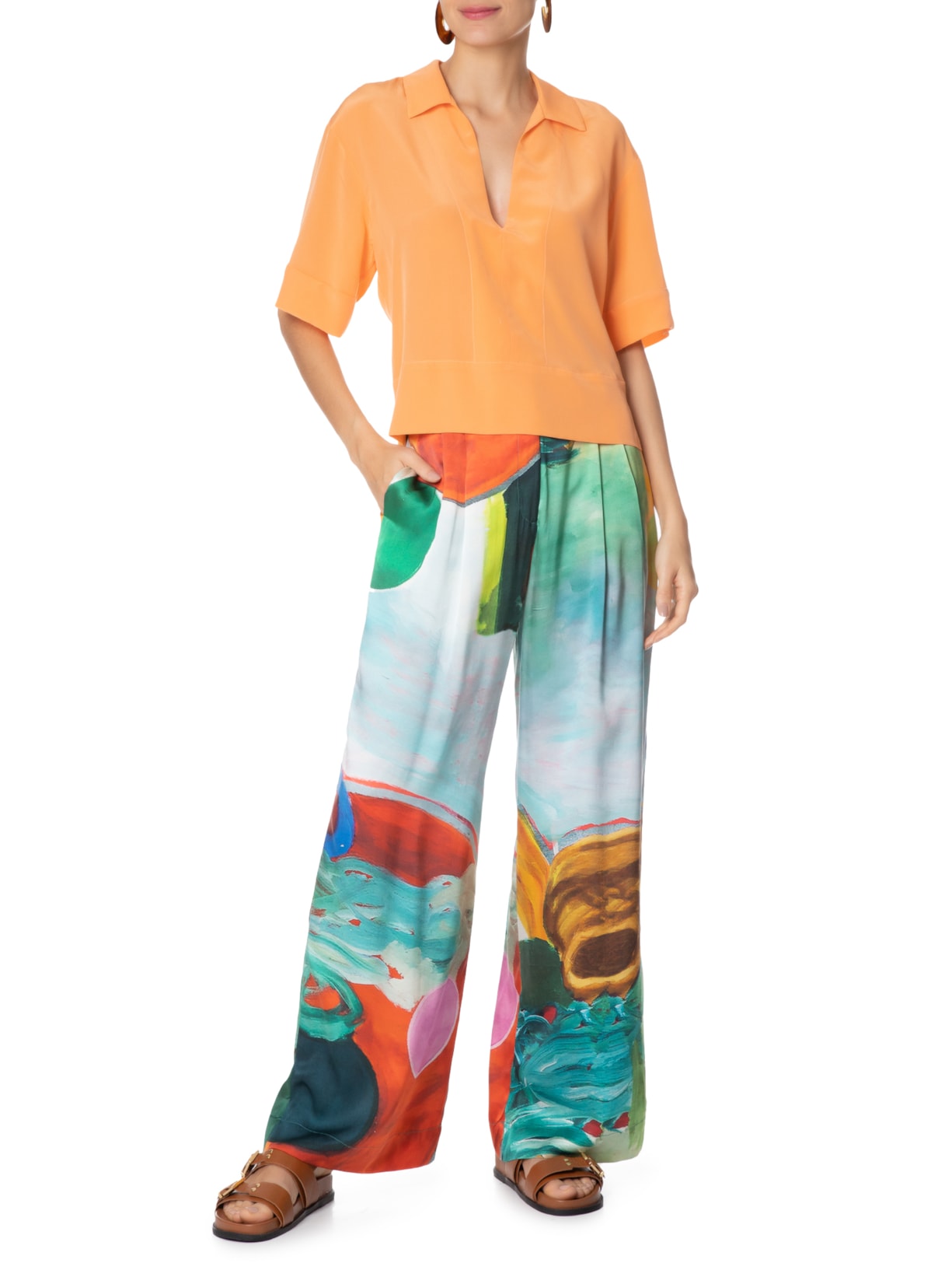 Camisa Feminina Polo Ampla Mock Laranja Animale