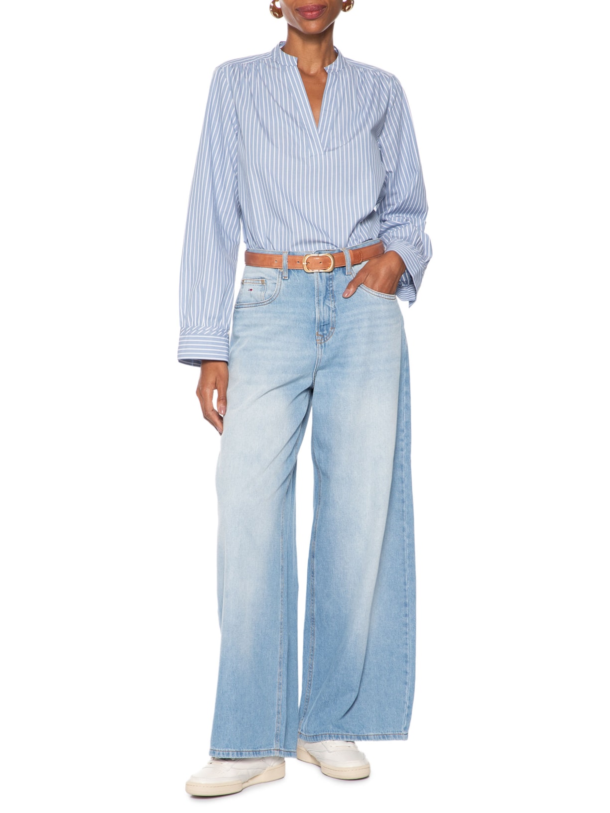 Camisa Feminina Poplin V-NK Blouse Azul Tommy Hilfiger