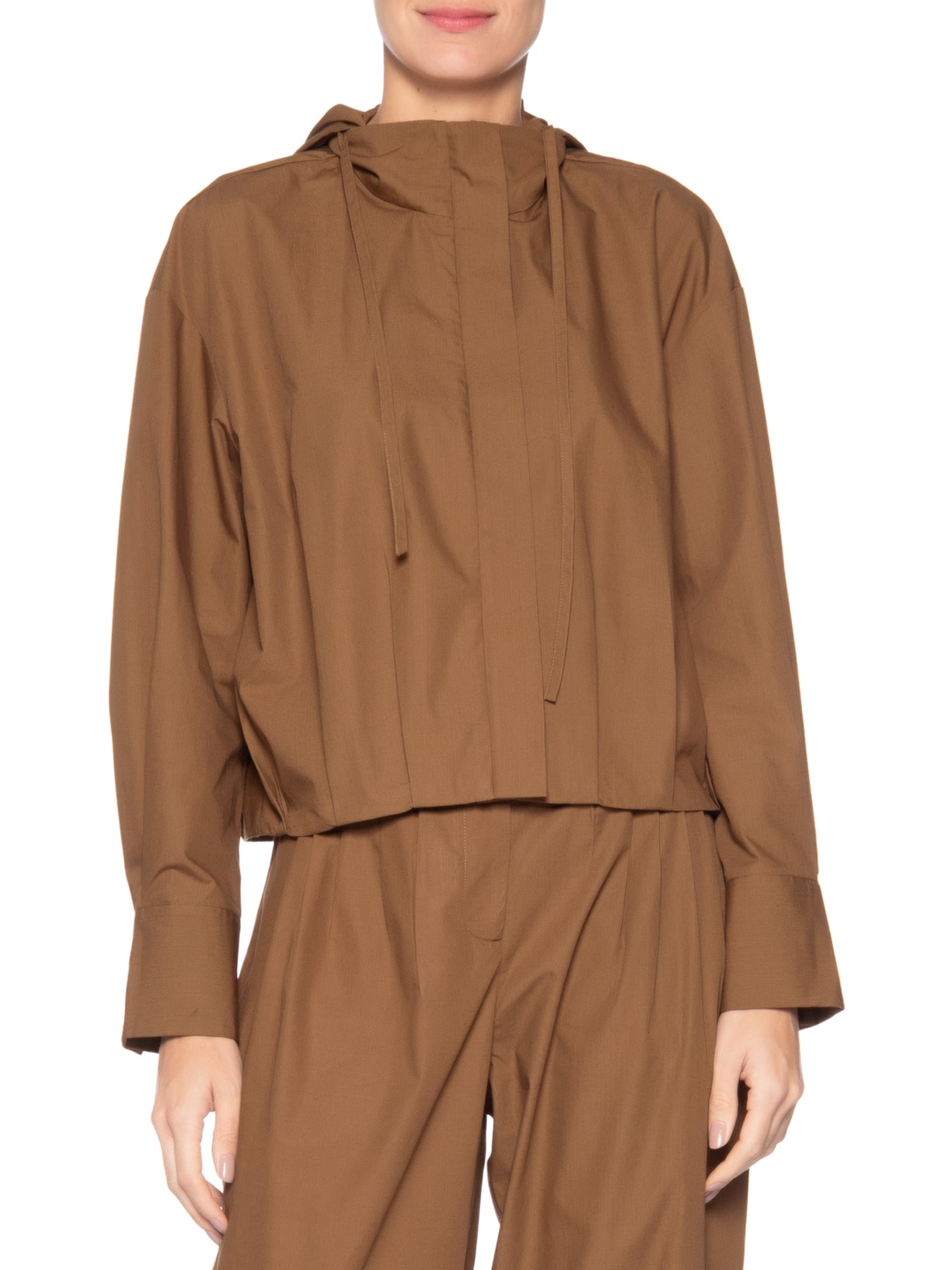 Camisa Feminina Pregas Capuz Marrom Andrea Marques