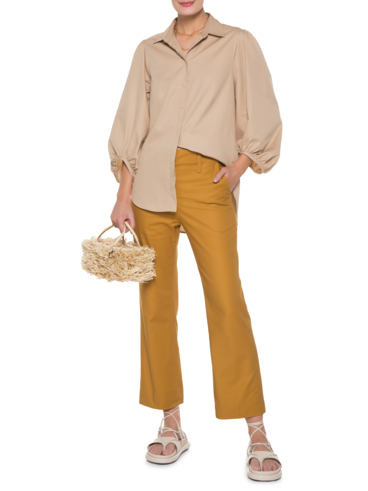 Camisa Feminina Punho Franzido Bege Andrea Marques