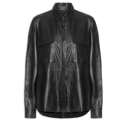 Camisa Feminina Recorte Couro - Preto