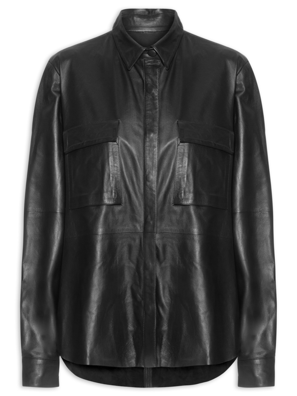 Camisa Feminina Recorte Couro - Preto