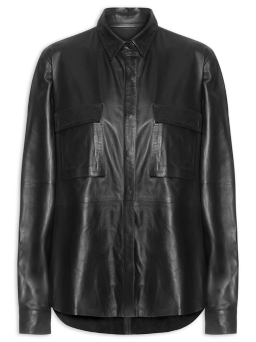 Camisa Feminina Recorte Couro - Preto