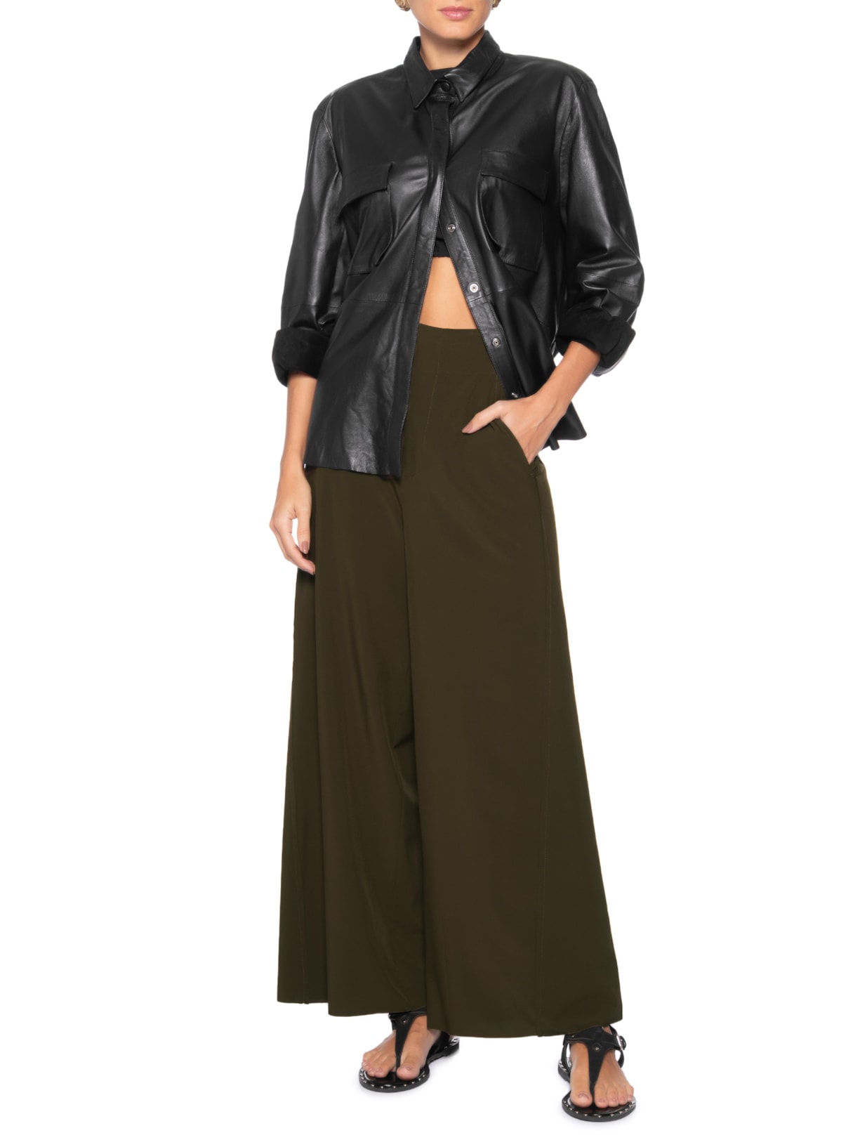 Camisa Feminina Recorte Couro Preto Osklen