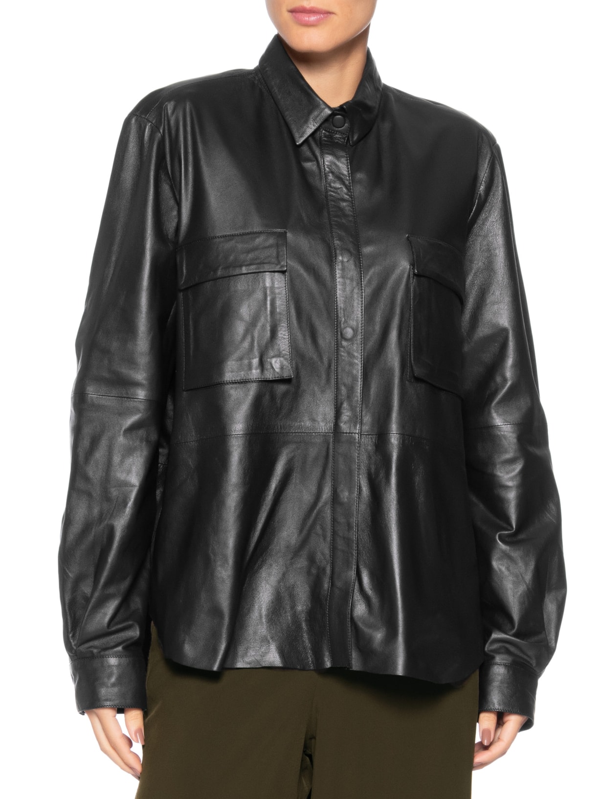 Camisa Feminina Recorte Couro Preto Osklen