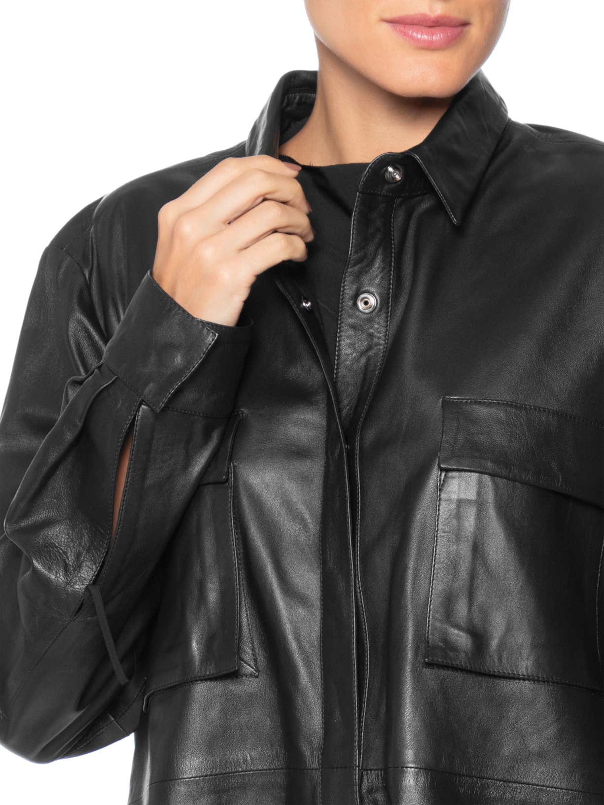 Camisa Feminina Recorte Couro Preto Osklen