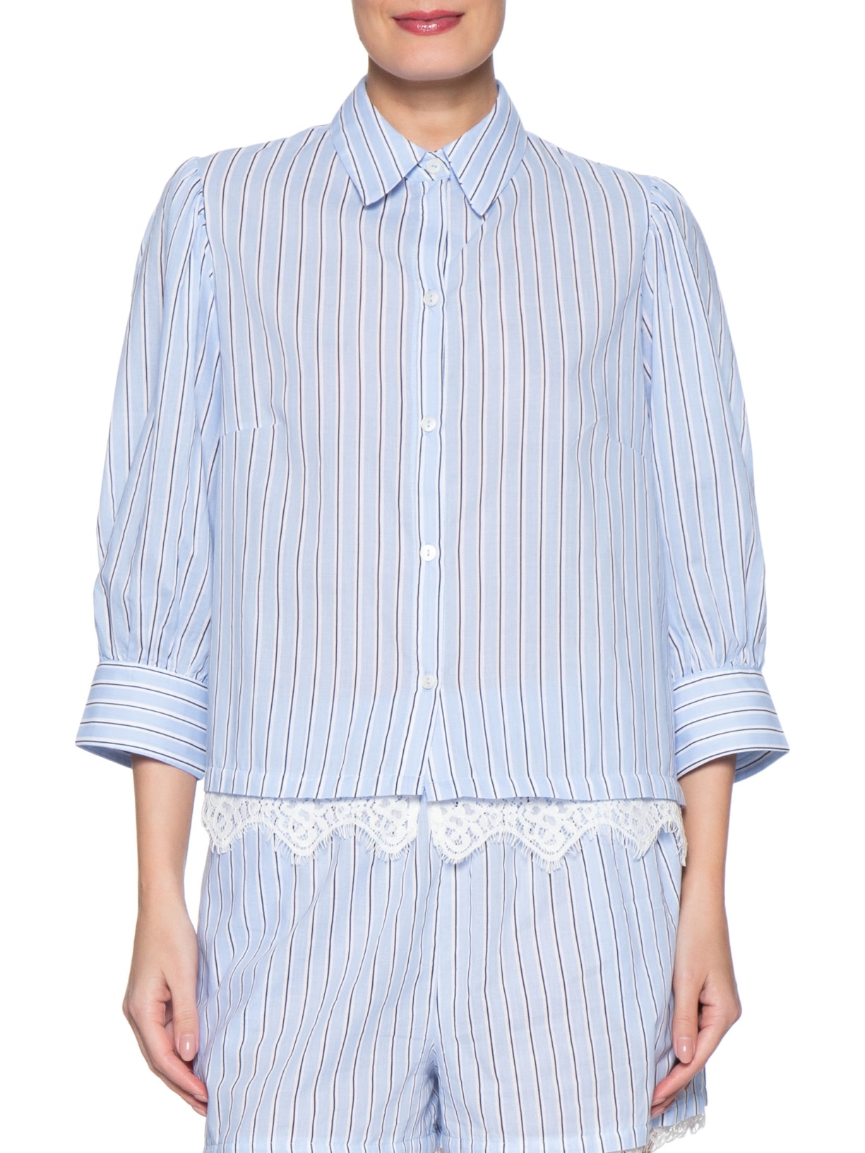 Camisa Feminina Renda Estampa Listra Litoral Azul Dress To