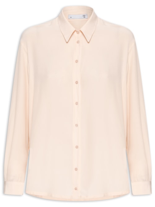 Camisa Feminina Reta Em Seda Com Ombro Deslocado - Bege