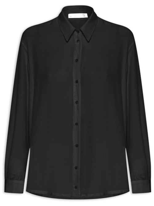 Camisa Feminina Reta Em Seda Com Ombro Deslocado - Preto