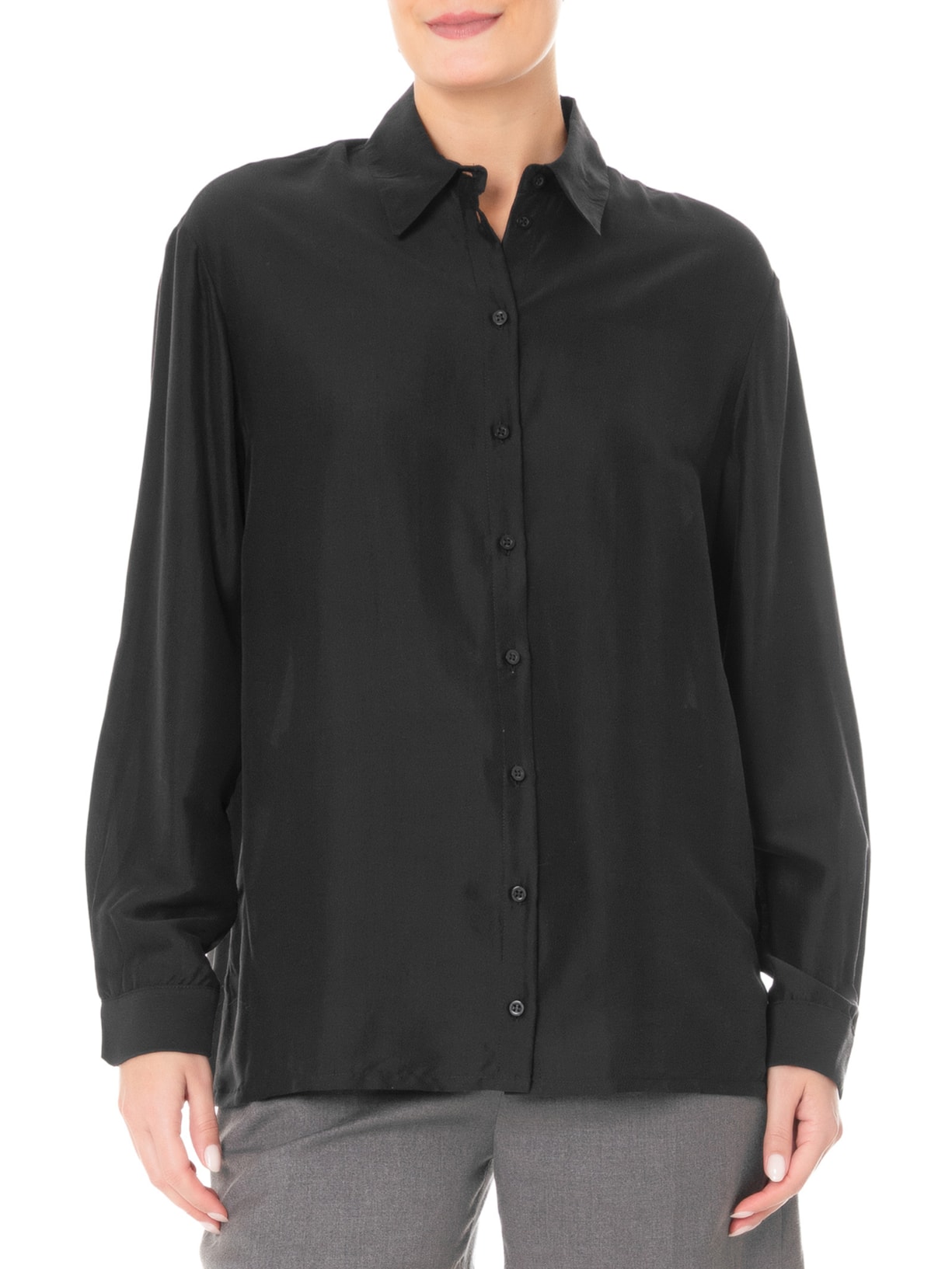 Camisa Feminina Reta Em Seda Com Ombro Deslocado Preto '2Essential