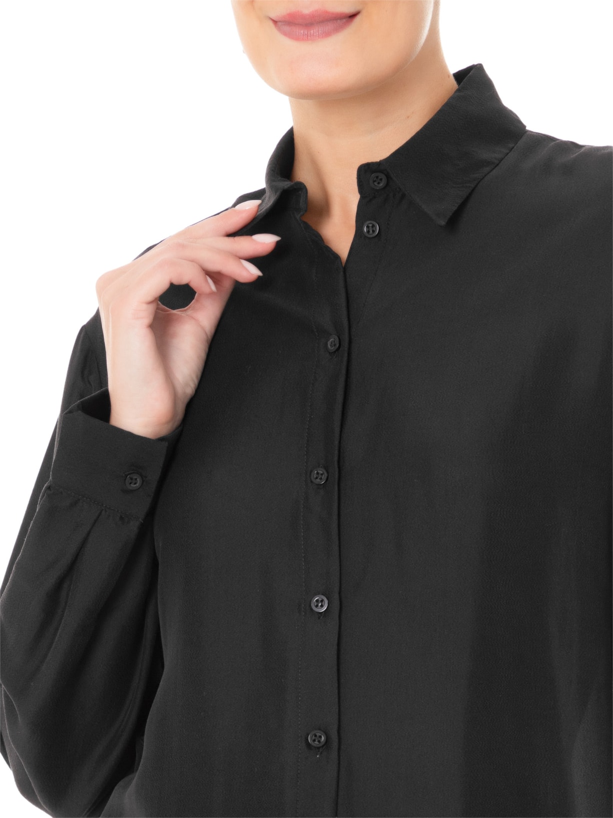 Camisa Feminina Reta Em Seda Com Ombro Deslocado Preto '2Essential