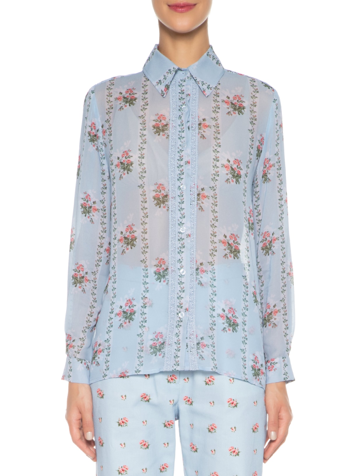 Camisa Feminina Rosas Azul Carol Bassi + Maria Rudge