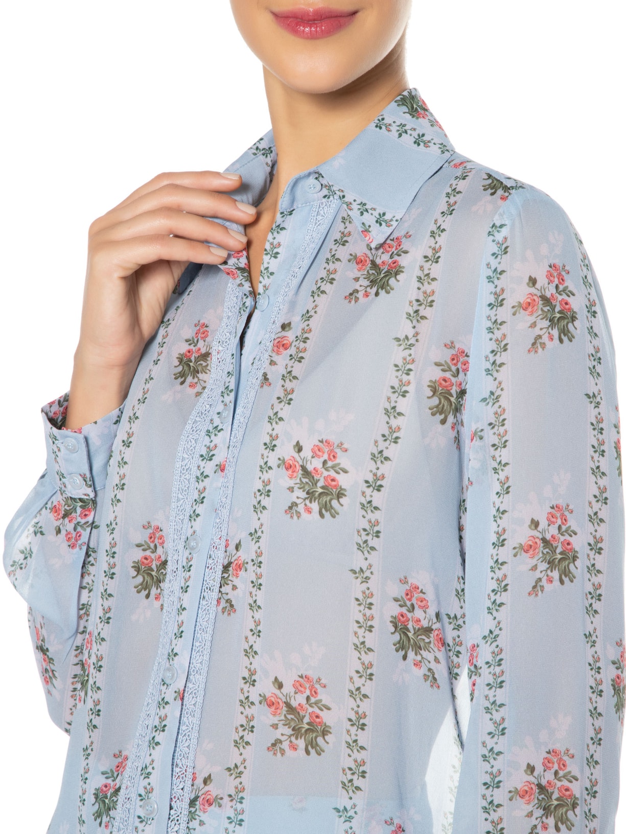 Camisa Feminina Rosas Azul Carol Bassi + Maria Rudge