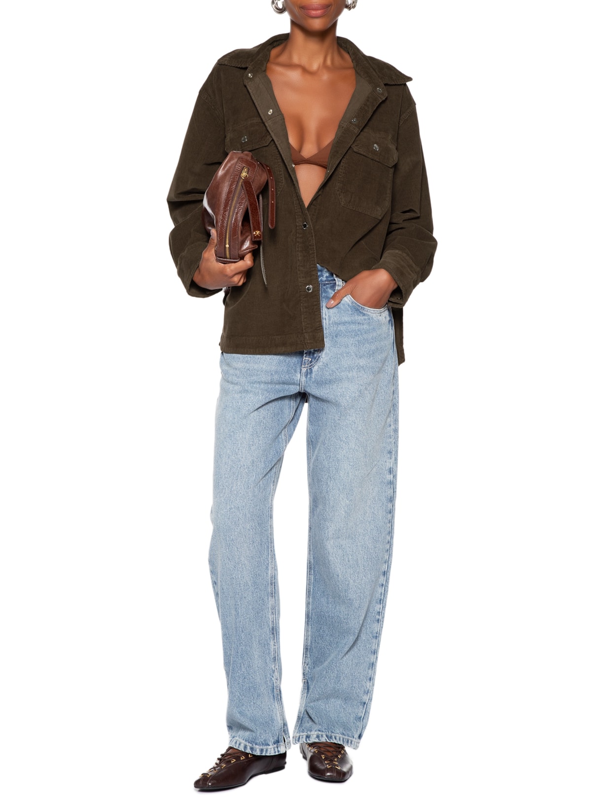 Camisa Feminina Sarja Basic Veludo Marrom Animale Jeans