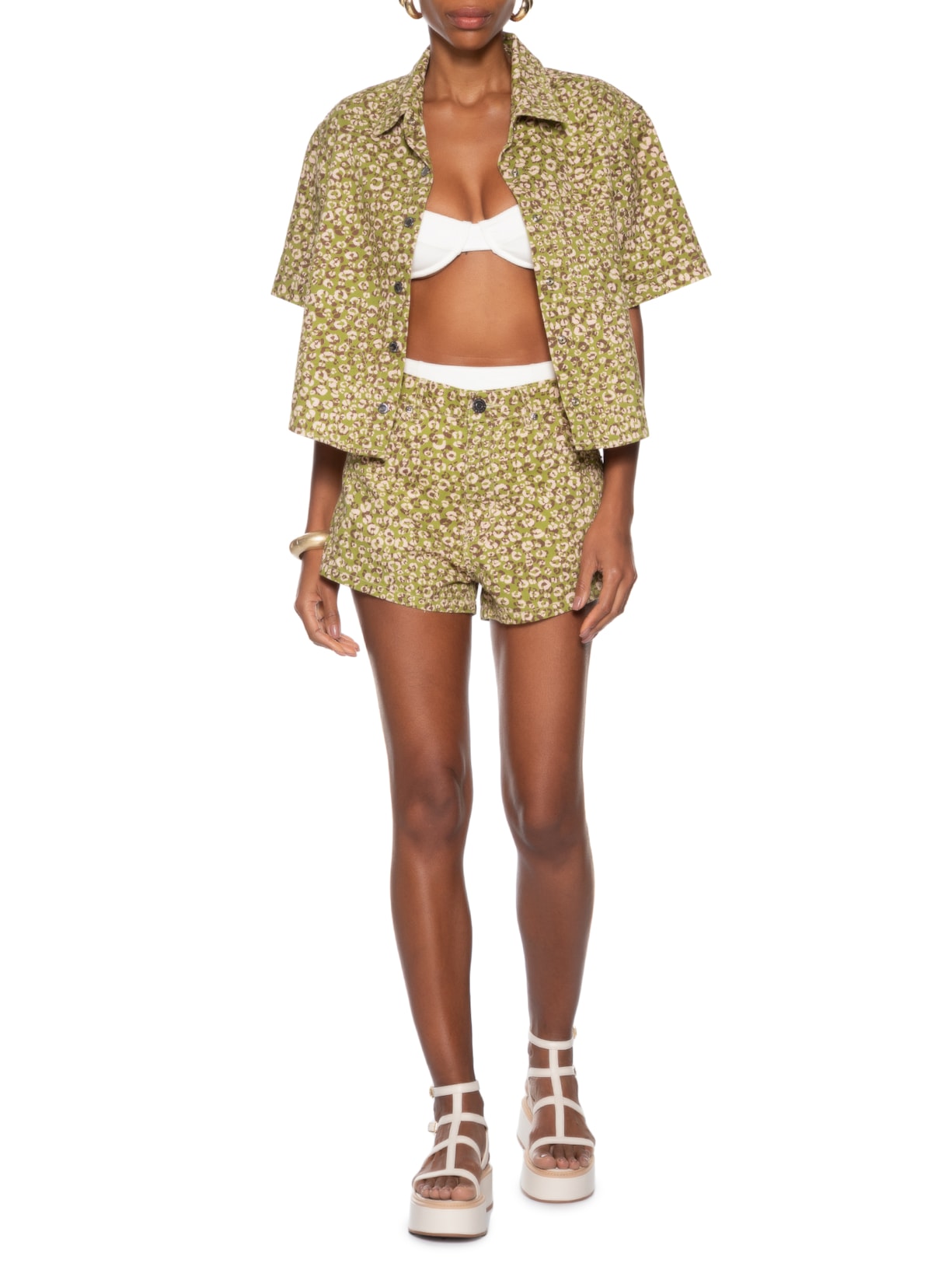 Camisa Feminina Sarja Manga Curta Estampada Onça Verde Animale Jeans