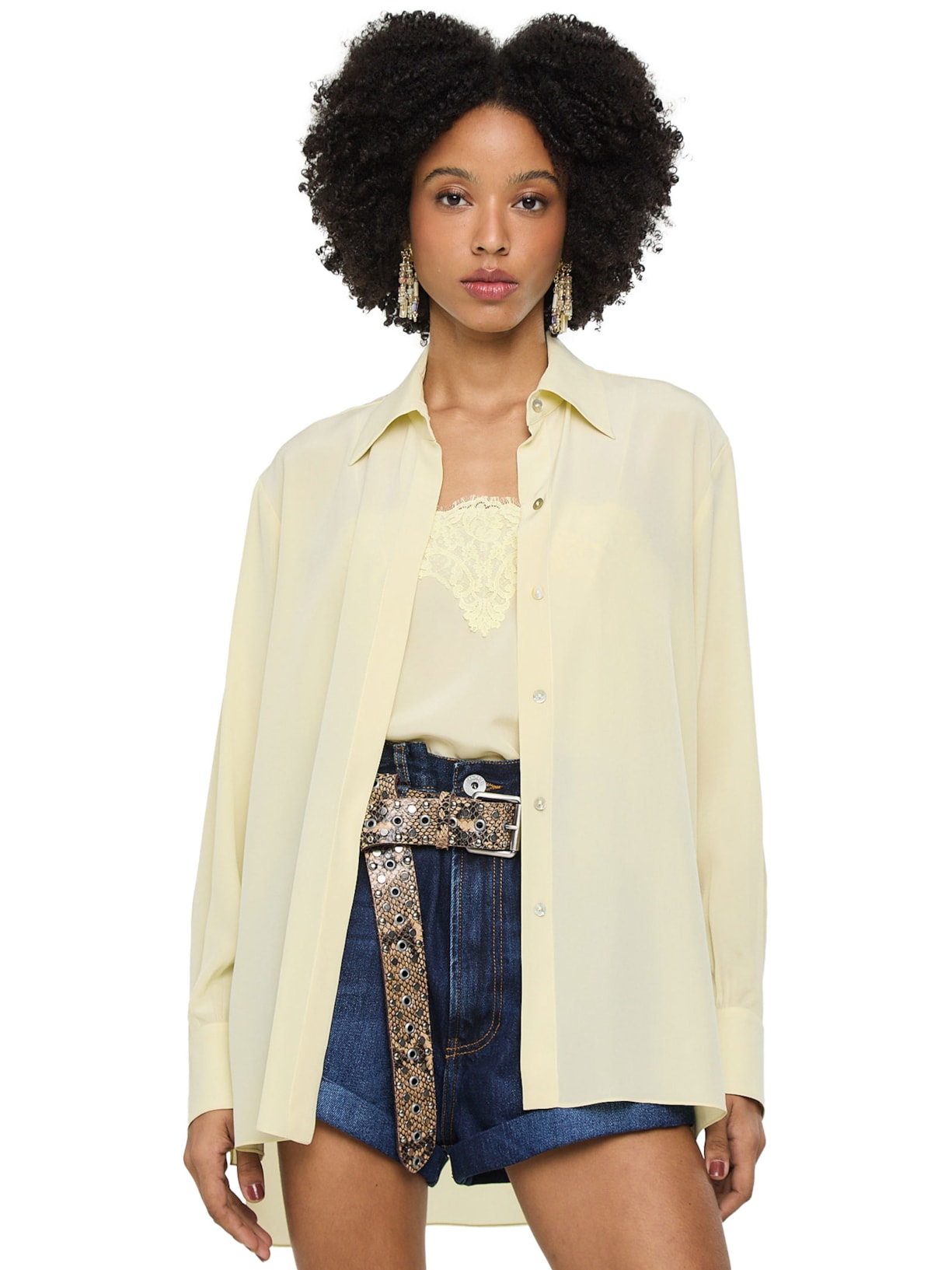 Camisa Feminina Seda Ampla Campo Amarelo Animale