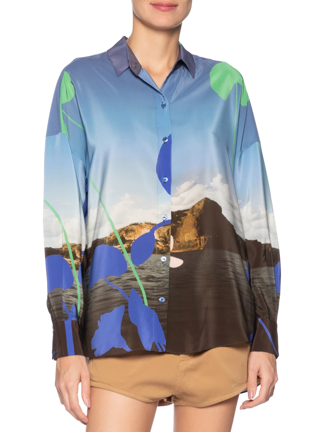 Camisa Feminina Seda Ampla Estampada Manga Longa Azul Animale