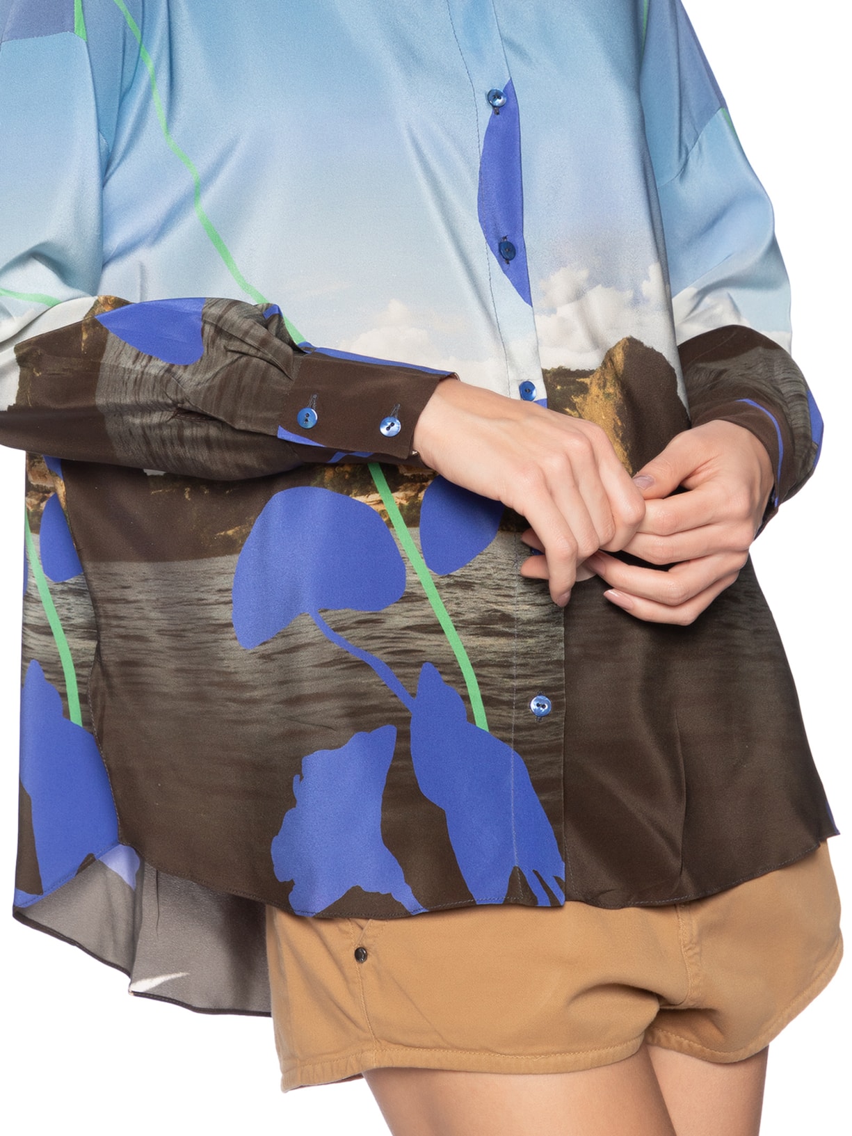 Camisa Feminina Seda Ampla Estampada Manga Longa Azul Animale