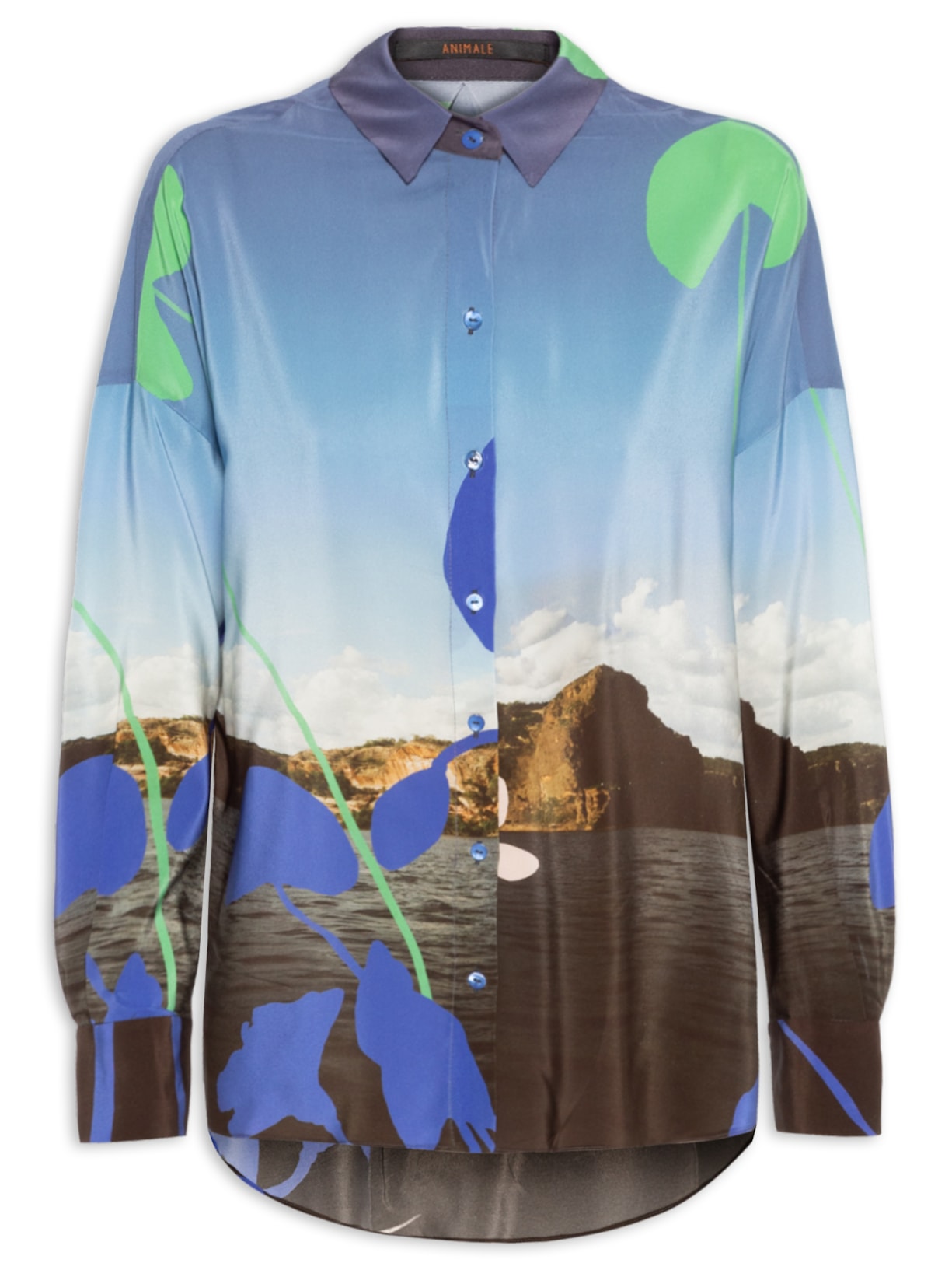 Camisa Feminina Seda Ampla Estampada Manga Longa Azul Animale