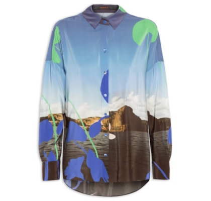 Camisa Feminina Seda Ampla Estampada Manga Longa - Azul