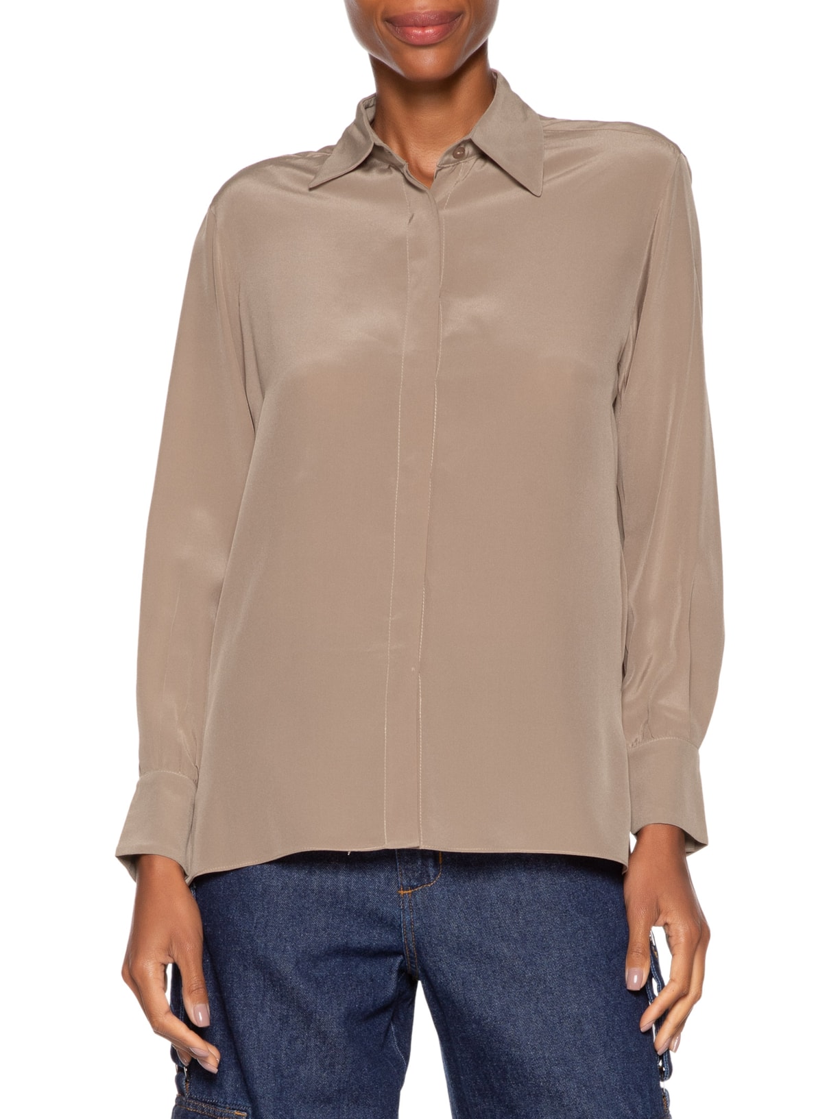 Camisa Feminina Seda Ampla Tassel Marrom Animale