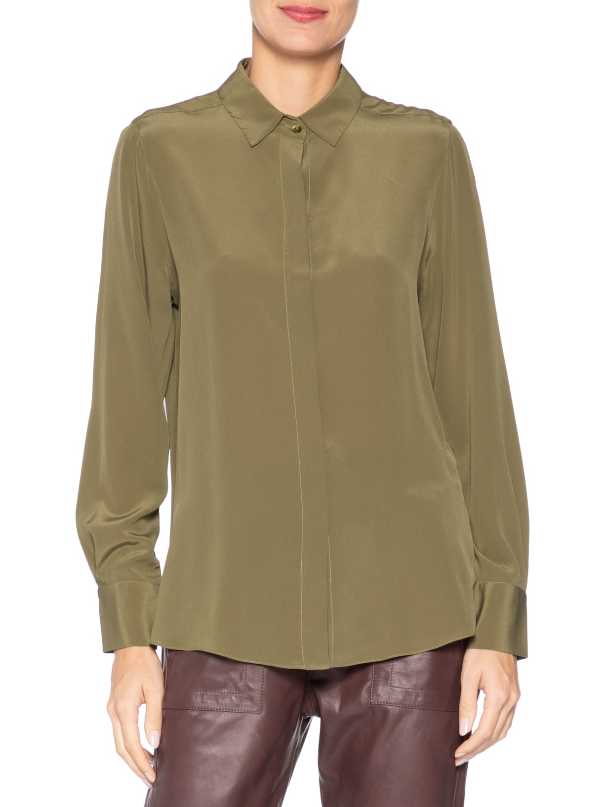 Camisa Feminina Seda Básica Marche Manga Longa Verde Animale