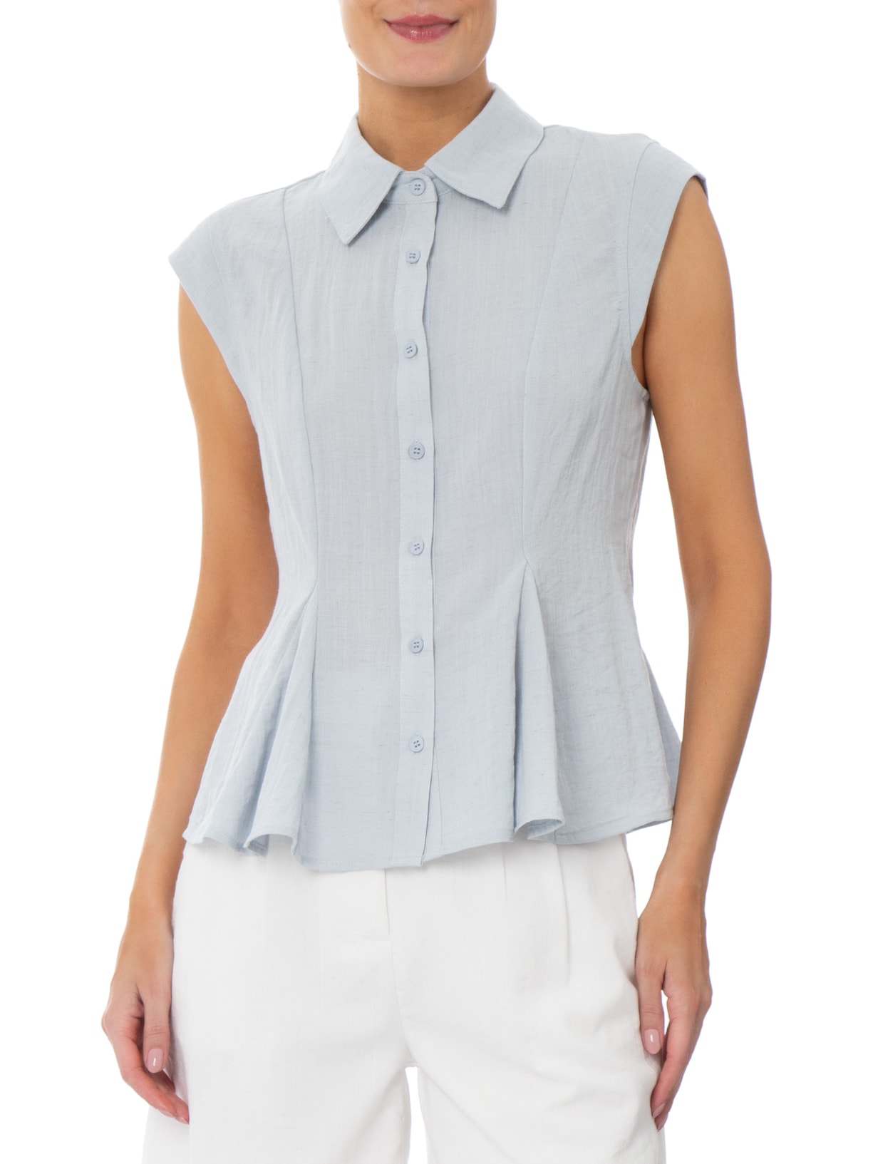 Camisa Feminina Sem Mangas Acinturada Azul Basiq