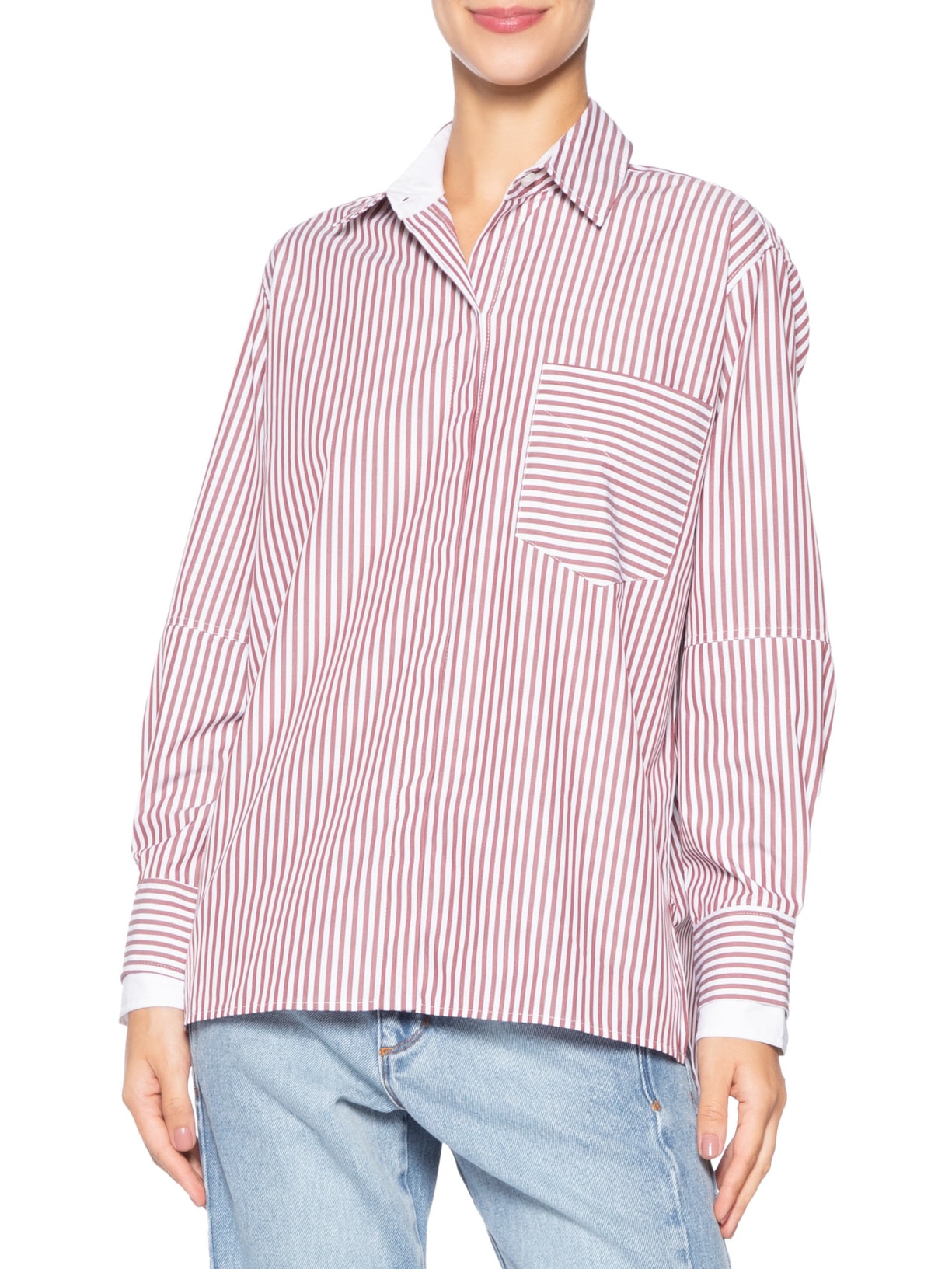 Camisa Feminina Tricoline Listrada Punho Duplo Marrom Animale