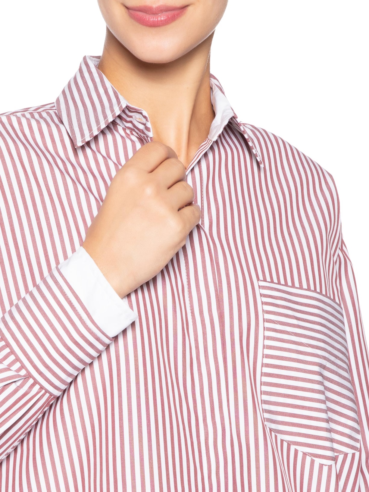 Camisa Feminina Tricoline Listrada Punho Duplo Marrom Animale