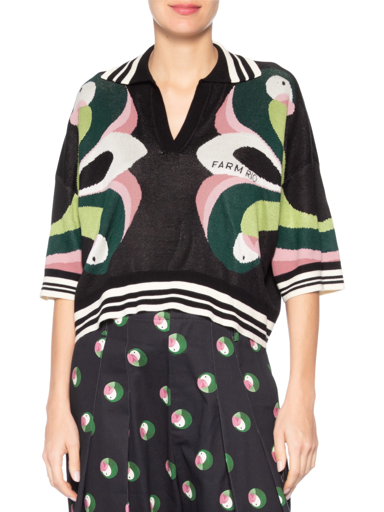 Camisa Feminina Tricot Arara De Flor Preto Farm