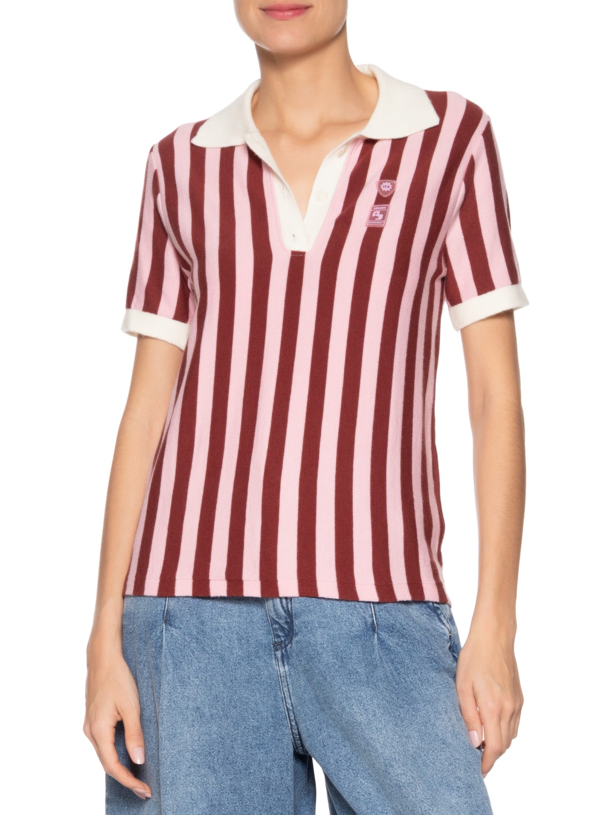  Camisa Feminina Tricot Patch Rosa Animale Jeans