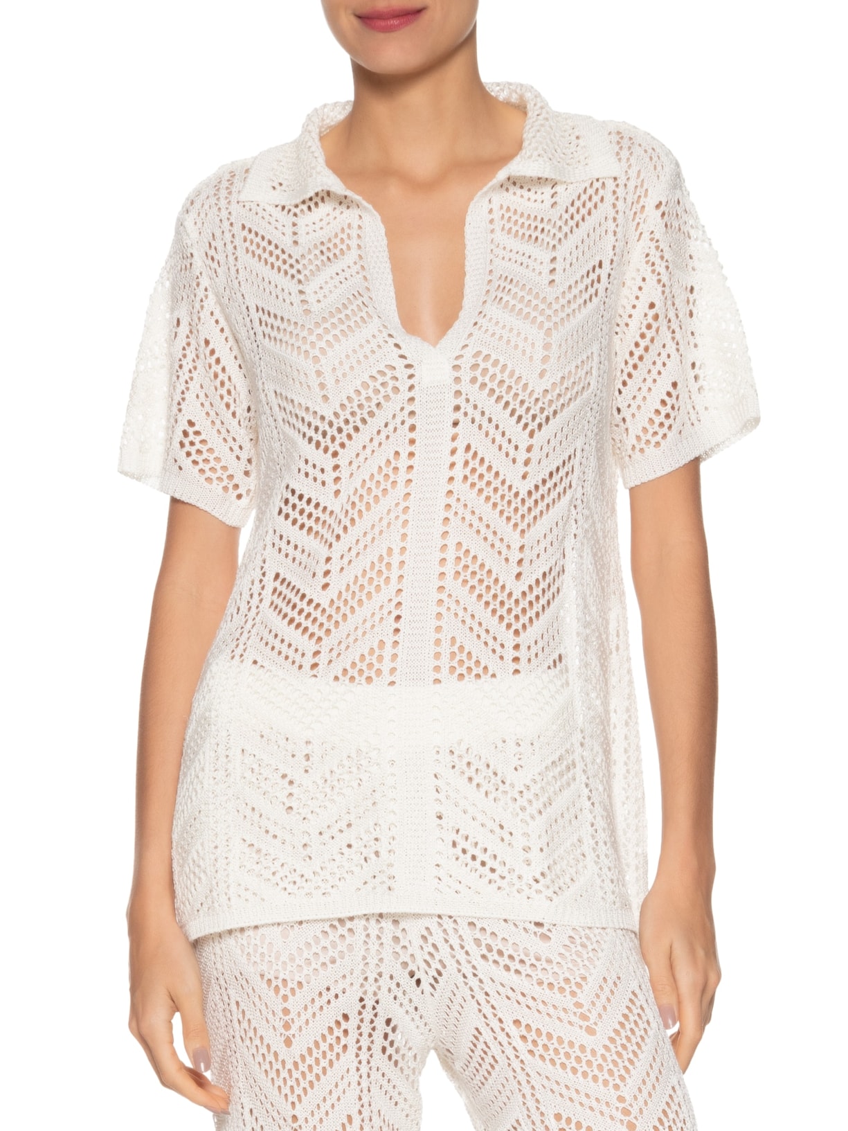 Camisa Feminina Tricot Ponto Crochet Branco Maria Filó