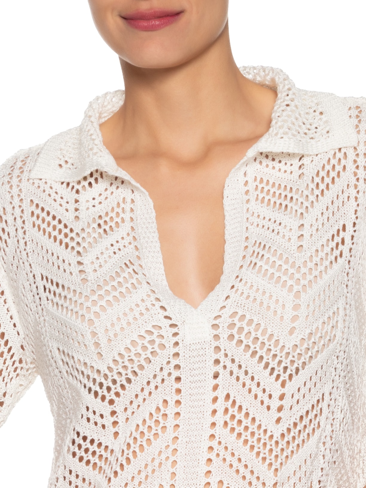 Camisa Feminina Tricot Ponto Crochet Branco Maria Filó