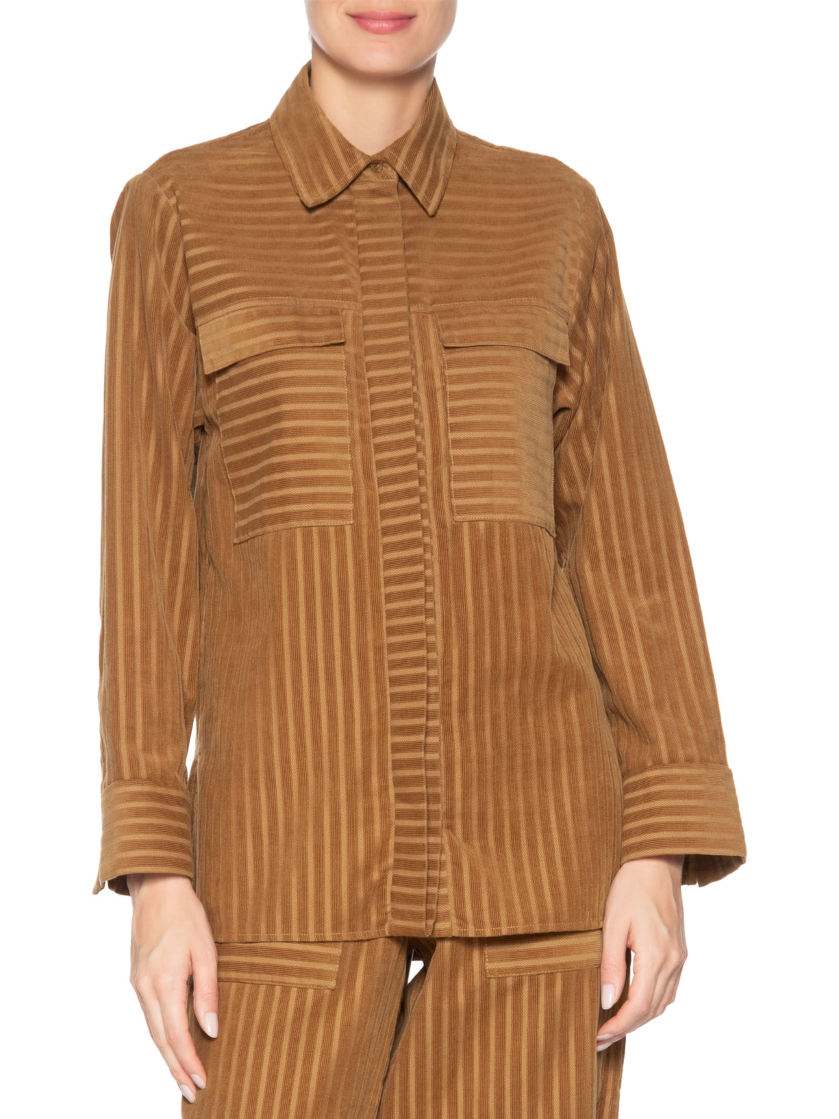 Camisa Feminina Veludo Stripe Mia Marrom Nk