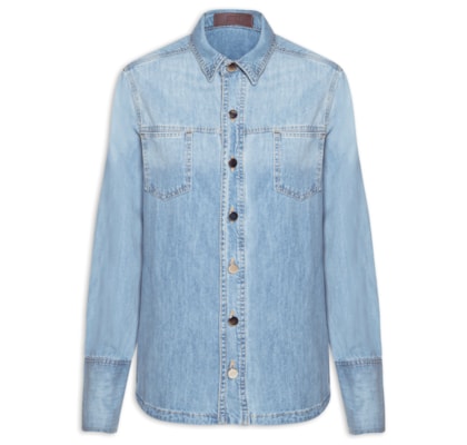 Camisa Jeans Feminina Detalhe Ondas - Azul