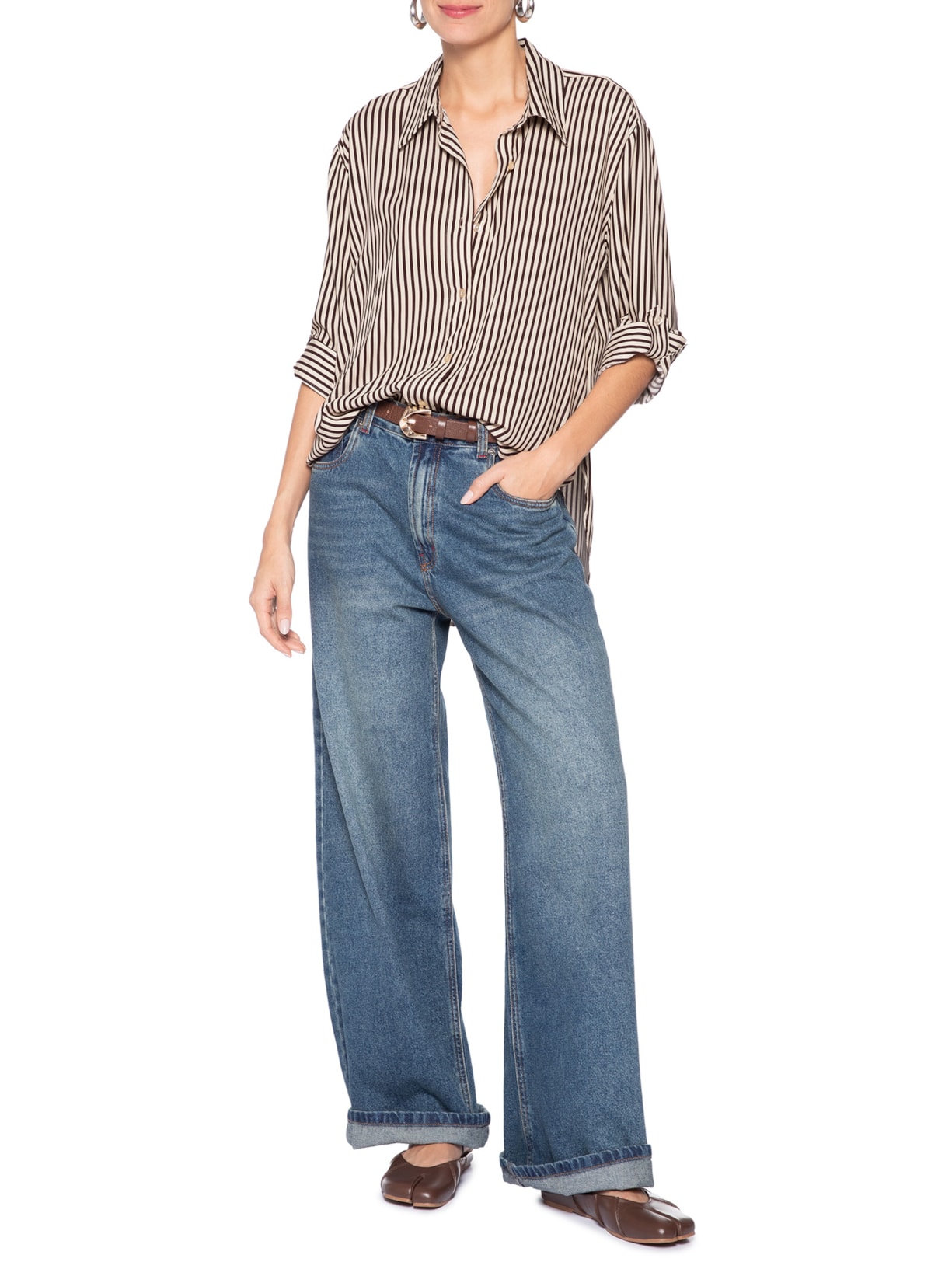 Camisa Listrada Feminina Marrom Market 33