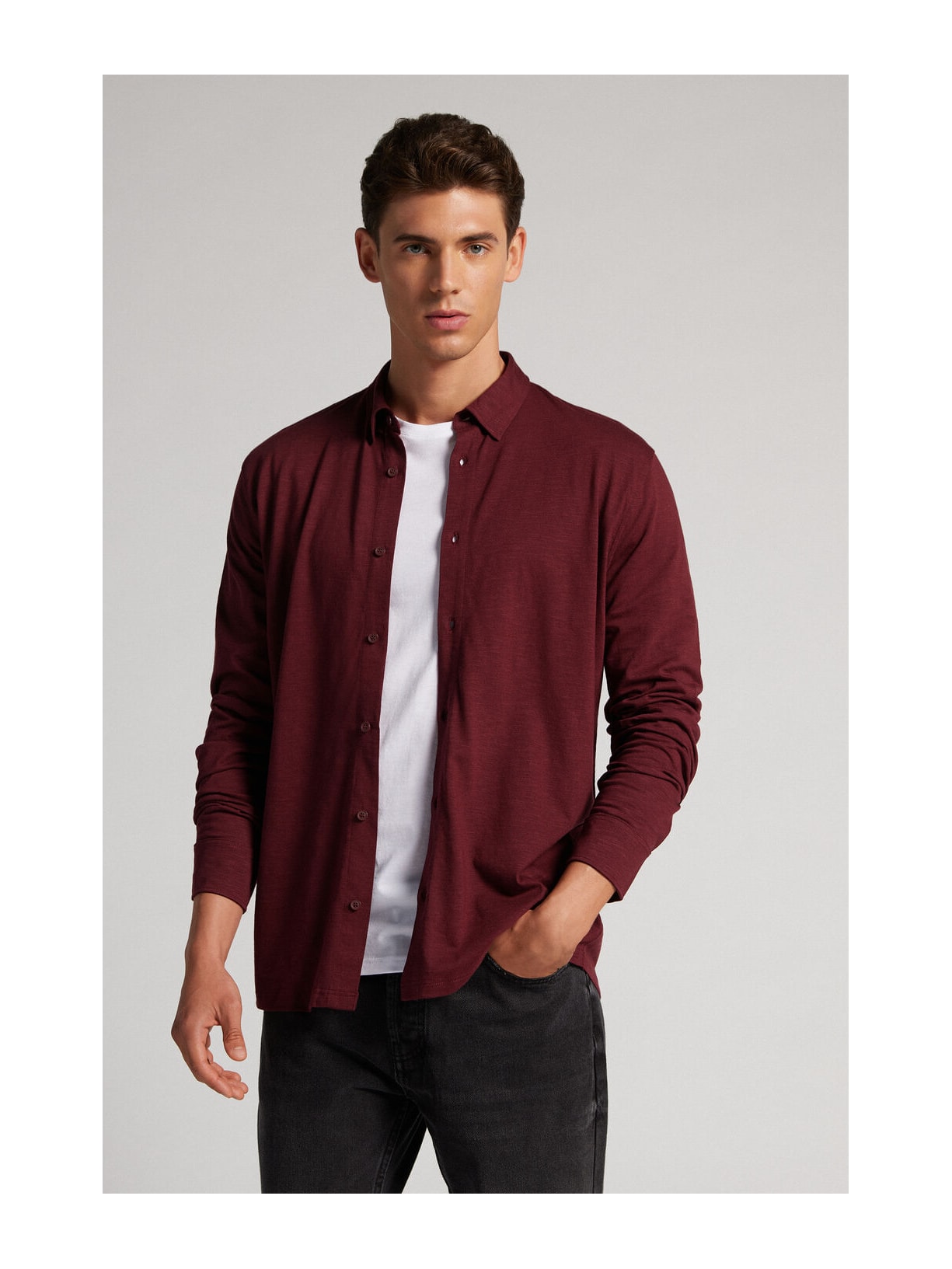 Camisa Manga Comprida Em Algodão Slub Vermelho Intimissimi