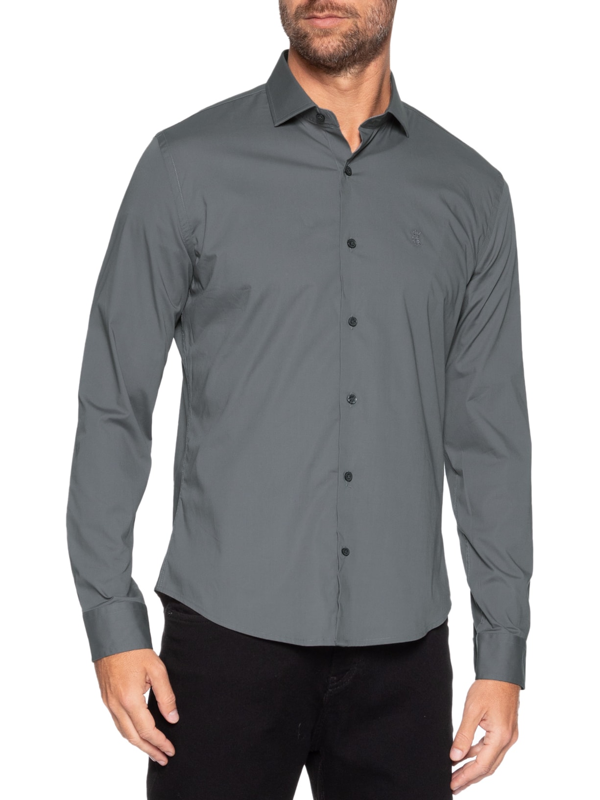 Camisa Manga Longa Tricoline Elastano Lisa Cinza Sergio K