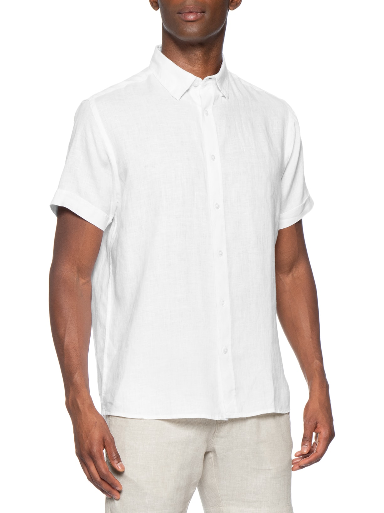 Camisa Masculina 100% Linho Manga Curta Branco '2 Essential