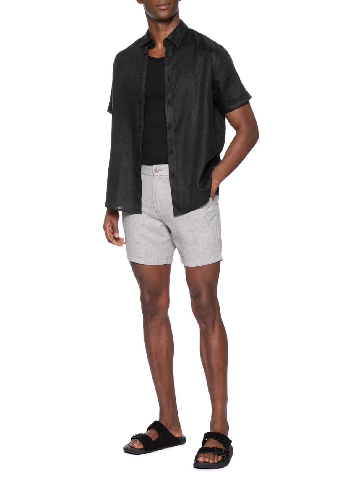 Camisa Masculina 100% Linho Manga Curta Preto '2 Essential
