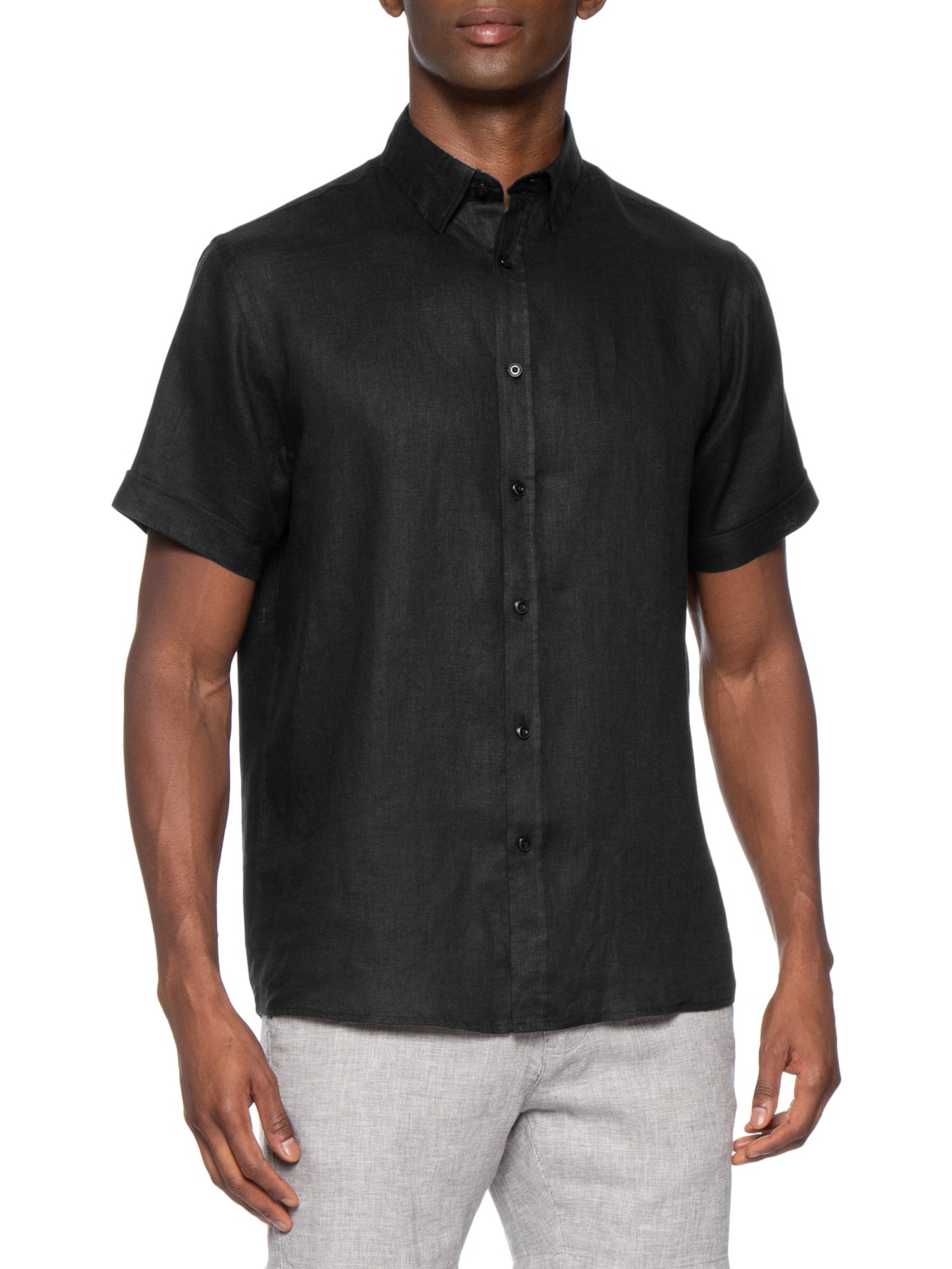 Camisa Masculina 100% Linho Manga Curta Preto '2 Essential