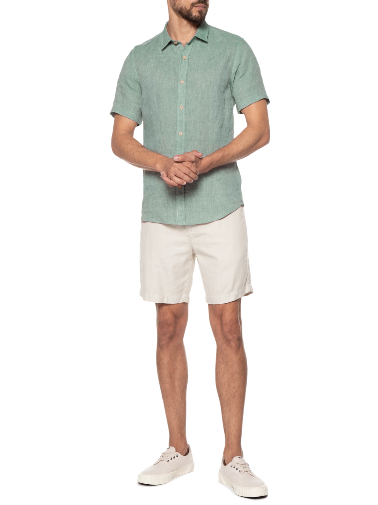 Camisa Masculina 100% Linho Manga Curta Verde Pineapple