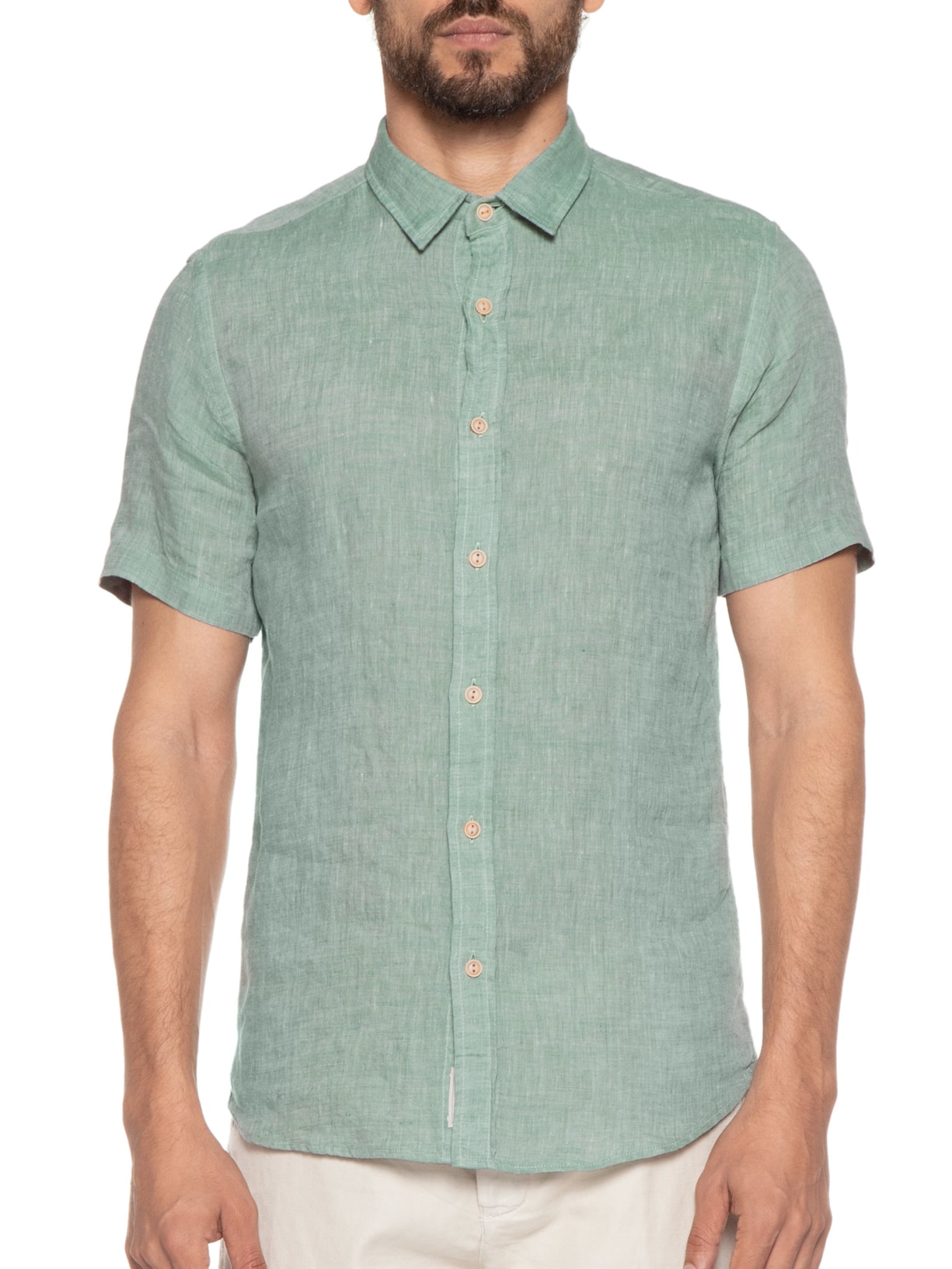 Camisa Masculina 100% Linho Manga Curta Verde Pineapple