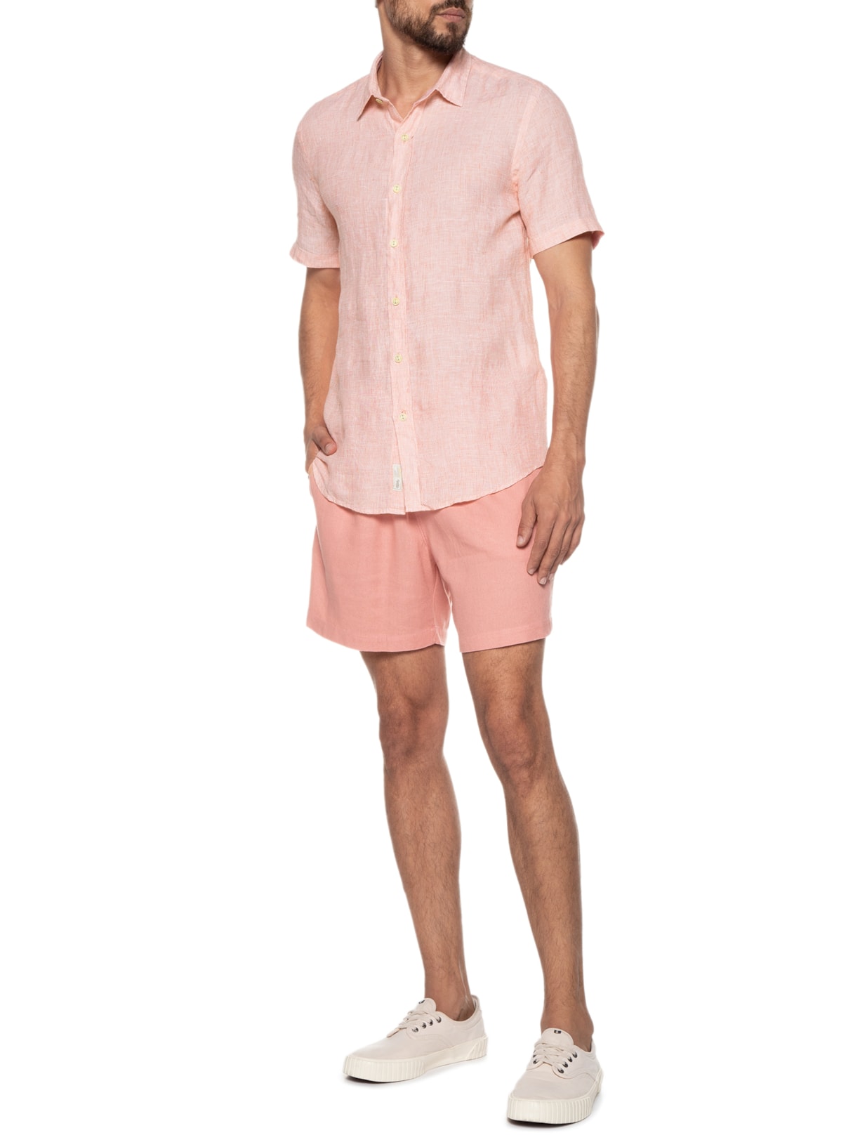 Camisa Masculina 100% Linho Manga Curta Vermelho Pineapple