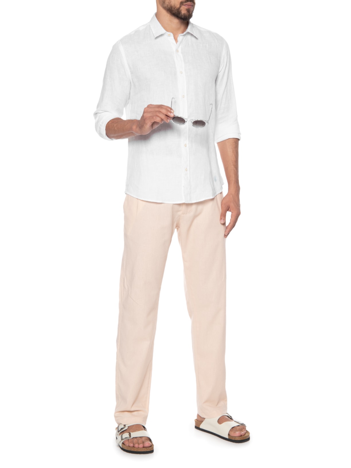 Camisa Masculina 100% Linho Manga Longa Branco Pineapple