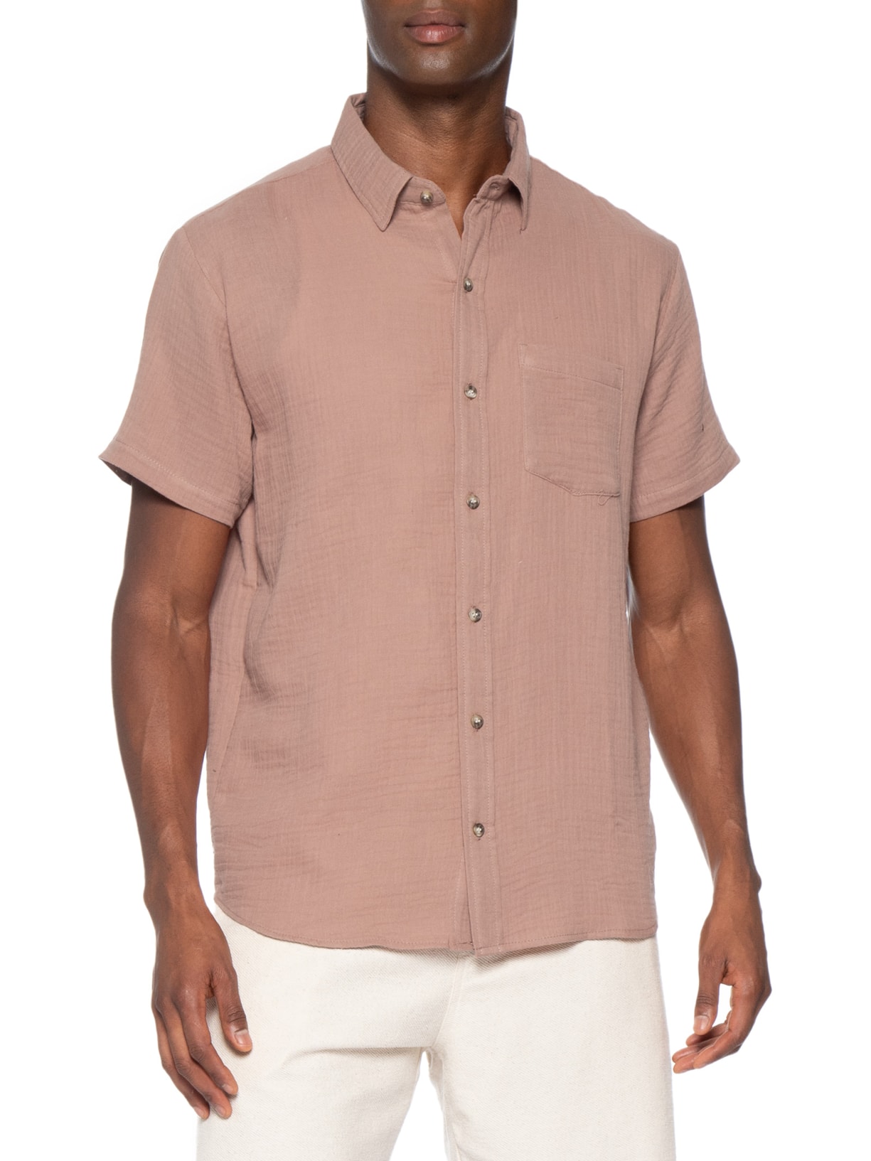 Camisa Masculina Algodão Manga Curta Marrom Basiq Men